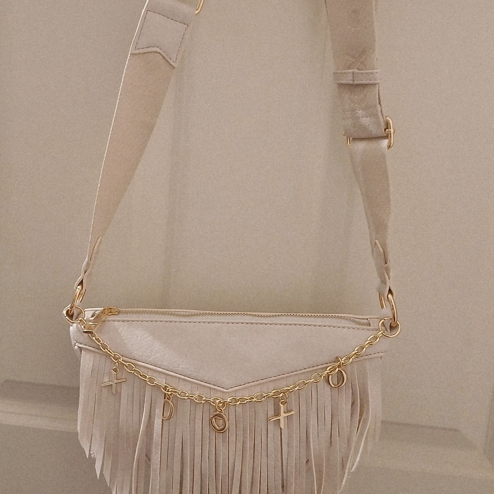 XOXO Cream Crossbody Bag with Fringe and Gold Accents